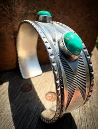 Image 4 of WL&A Handmade Ingot Old Style Triple Snake Eyes Green Valley Turquoise Cuff #1 - Size 7" to 7.5"
