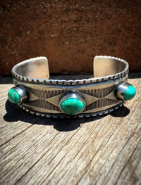 Image 2 of WL&A Handmade Ingot Old Style Triple Snake Eyes Green Valley Turquoise Cuff #1 - Size 7" to 7.5"