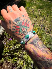 Image 3 of WL&A Handmade Ingot Old Style Triple Snake Eyes Green Valley Turquoise Cuff #1 - Size 7" to 7.5"