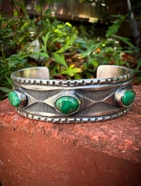 Image 1 of WL&A Handmade Ingot Old Style Triple Snake Eyes Green Valley Turquoise Cuff #2 - Size 7" to 7.5"