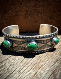 Image 2 of WL&A Handmade Ingot Old Style Triple Snake Eyes Green Valley Turquoise Cuff #2 - Size 7" to 7.5"