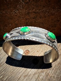 Image 5 of WL&A Handmade Ingot Old Style Triple Snake Eyes Green Valley Turquoise Cuff #2 - Size 7" to 7.5"