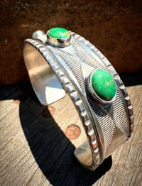 Image 4 of WL&A Handmade Ingot Old Style Triple Snake Eyes Green Valley Turquoise Cuff #2 - Size 7" to 7.5"