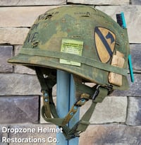 Image 1 of Vietnam M-1C Helmet & Paratrooper liner Mitchell Camo Cover Cavalry. 1969 Sweatband.