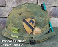 Image 2 of Vietnam M-1C Helmet & Paratrooper liner Mitchell Camo Cover Cavalry. 1969 Sweatband.