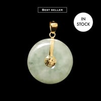 Image 1 of 10K Fu Fuku Fortune Zhong Disc Pendant Light Green Jade