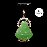 Image 1 of 10K Cha'an Hong Jade Laughing Buddha Pendant Strong Green Jade (Partially Iced)