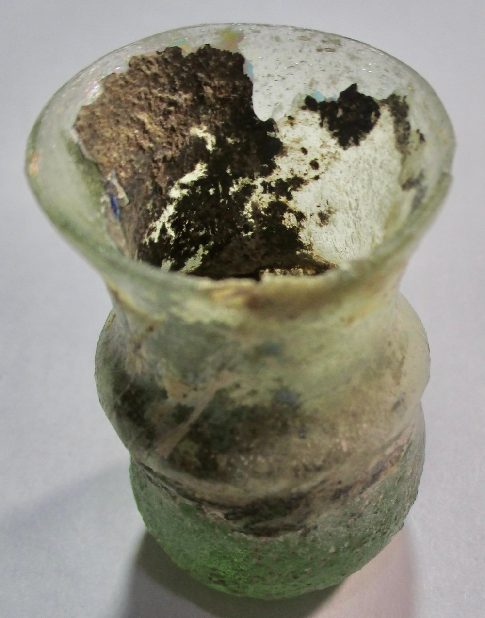 ROMAN MINIATURE GLASS/VIAL 2 1/2 INCHES TALL LOVELY PATINA TRANSLUCENT GLASS