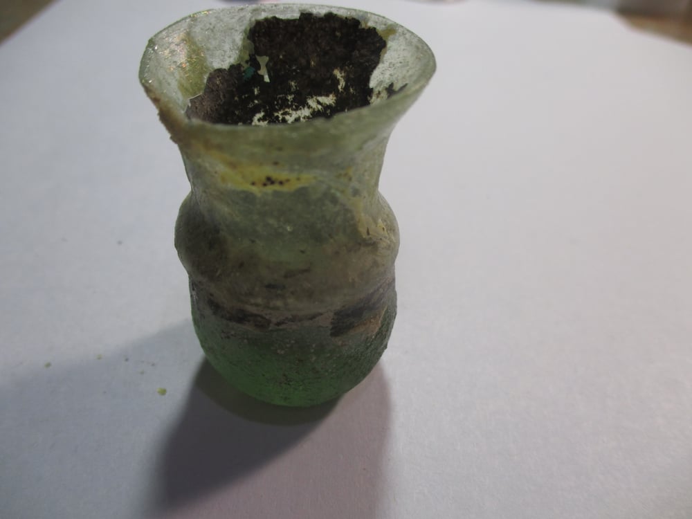 ROMAN MINIATURE GLASS/VIAL 2 1/2 INCHES TALL LOVELY PATINA TRANSLUCENT GLASS