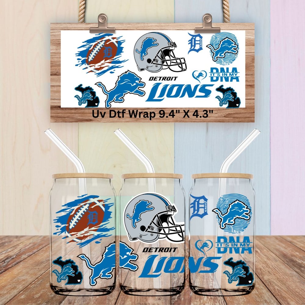 Image of Detroit Lions Football Uv Dtf Wraps & Shot Glass Decals Choice of 3