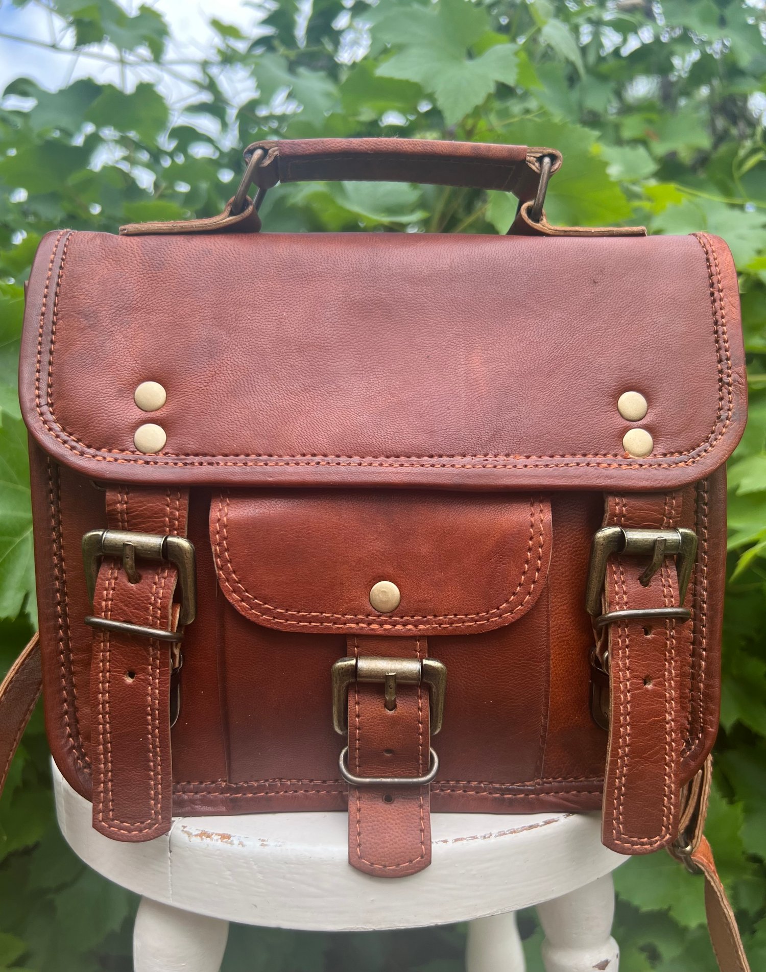 Image of 7”x8.5” - Baby Handmade Leather Buckled Satchel with handle and strap