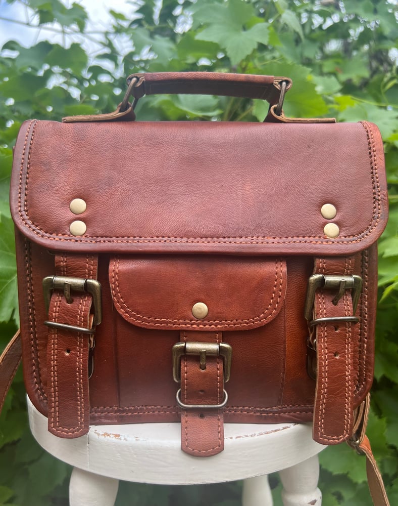 Image of 9”x8.5” - Baby Handmade Leather Buckled Satchel with handle and strap
