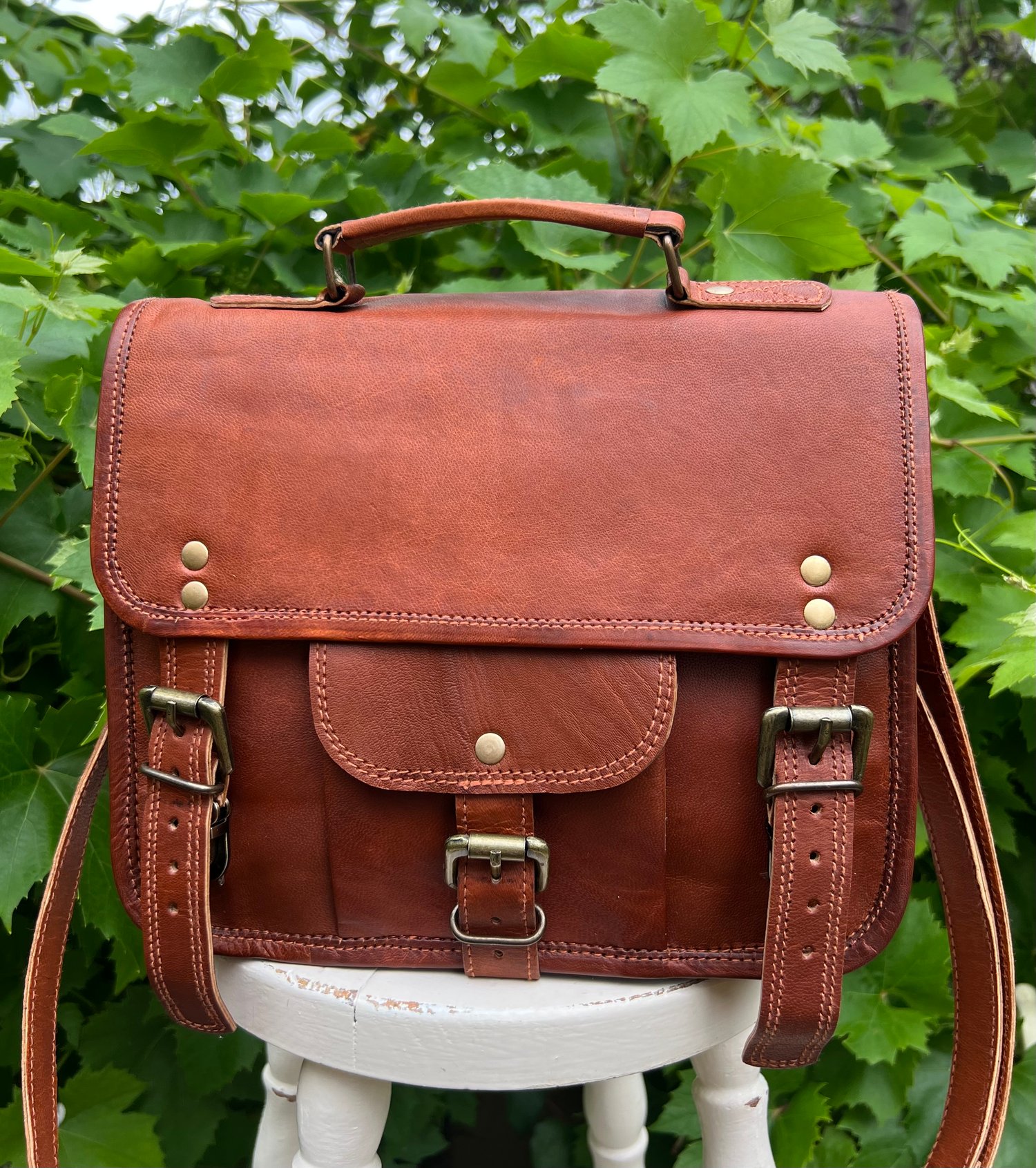 Image of 10.5x9” - iPad-Size #8A - Goat Skin Leather Bag with Pocket & Handle