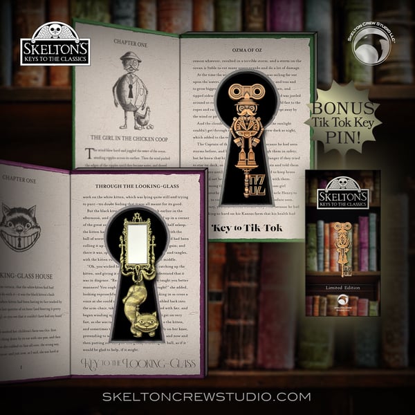 Image of Skelton's Keys to the Classics: Key to the Looking-Glass & Key to Tik-Tok set w/BONUS Tik-Tok pin!