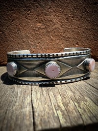 Image 3 of WL&A Handmade Ingot Old Style Triple Pink Opal Snake Eyes Cuff - Size 7" to 7.5" 