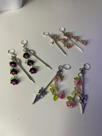 Image 2 of Sword flowers dangle earrings, fantasy sword earrings