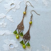 Image 6 of Art Nouveau Long Dangle Statement Earrings with Czech Glass Beads in Olive Green & Bronze