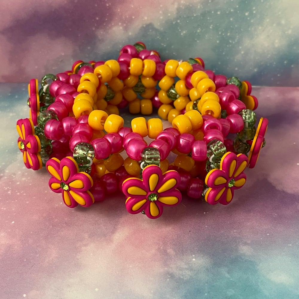 Image of Pink Yellow Flower Kandi Cuff Bracelet