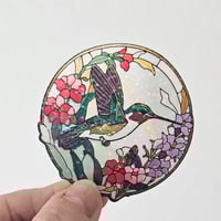 Image 1 of Holographic stained glass hummingbird sticker, laptop decal, sticker for water bottle