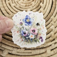 Image 1 of Flower sticker with bee, floral decal, laptop sticker, clear sticker