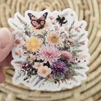 Image 1 of Flower sticker with butterfly and bee, floral decal, laptop sticker, clear sticker
