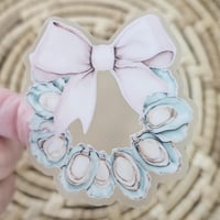Image 1 of Clear oyster shell wreath sticker with bow, beach decal, summer sticker