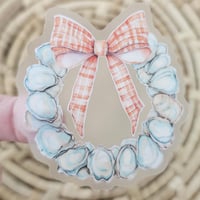 Image 1 of Clear oyster shell wreath sticker with gingham bow, beach decal, summer sticker