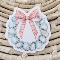 Image 2 of Clear oyster shell wreath sticker with gingham bow, beach decal, summer sticker