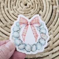 Image 3 of Clear oyster shell wreath sticker with gingham bow, beach decal, summer sticker