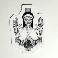 Image 1 of Dismembered Satanic Nun Nailed To An Upside-Down Cross Matte Vinyl Sticker