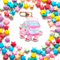Image 1 of Strawberry Milk Trike Keychain | Double-sided Dessert Dino Acrylic Charm