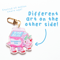Image 2 of Strawberry Milk Trike Keychain | Double-sided Dessert Dino Acrylic Charm