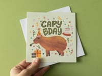 Image 1 of Cabybara Birthday Greeting Card | "Capy Birthday" | Capybara in a Party Hat | Blank Inside