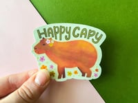 Image 1 of Happy Capybara Waterproof Vinyl Sticker 3 Inch | Laptop Waterbottle or Notepad Sticker