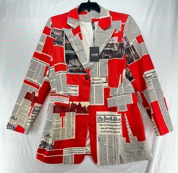 Image of Newspaper Print Jacket One Button Blazer Suit Separate Red Womens Size XL - Free Shipping