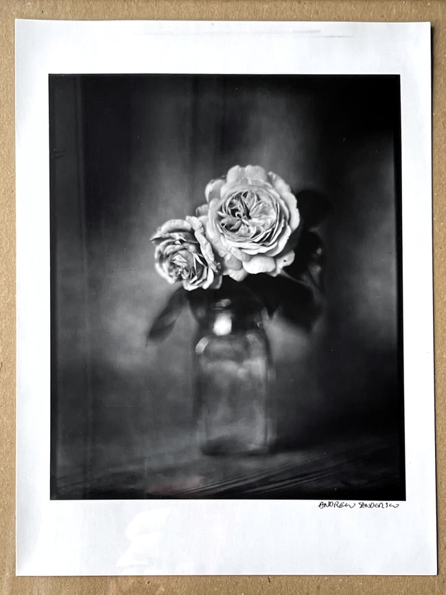 Two Roses in a vintage glass bottle.