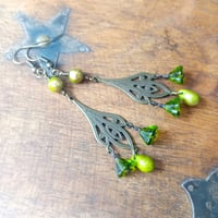 Image 3 of Art Nouveau Long Dangle Statement Earrings with Czech Glass Beads in Olive Green & Bronze