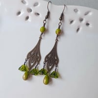 Image 1 of Art Nouveau Long Dangle Statement Earrings with Czech Glass Beads in Olive Green & Bronze