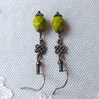 Image 6 of Ancient Knot Earrings with Czech Glass Beads in Olive Green & Bronze