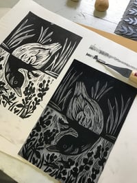 Image 3 of Duck Pond Linocut Block Print in Teal