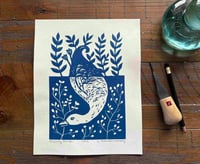 Image 1 of Diving Duck Linocut Block Print in Blue
