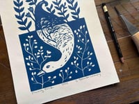 Image 2 of Diving Duck Linocut Block Print in Blue