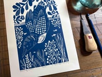 Image 3 of Diving Loon Linocut Print in Blue