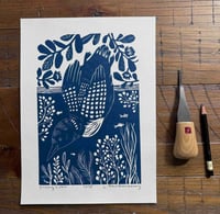Image 1 of Diving Loon Linocut Print in Navy