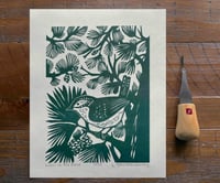 Image 1 of "Wren in the Pines" Linocut Block Print in Green