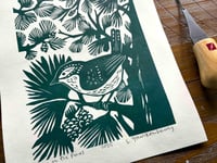 Image 2 of "Wren in the Pines" Linocut Block Print in Green