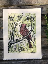 Image 4 of Woodcut Print with Cardinal, limited edition