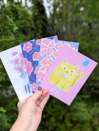Image 1 of Greeting Card Set of 4 – Floral Illustrations & Funny Cat 