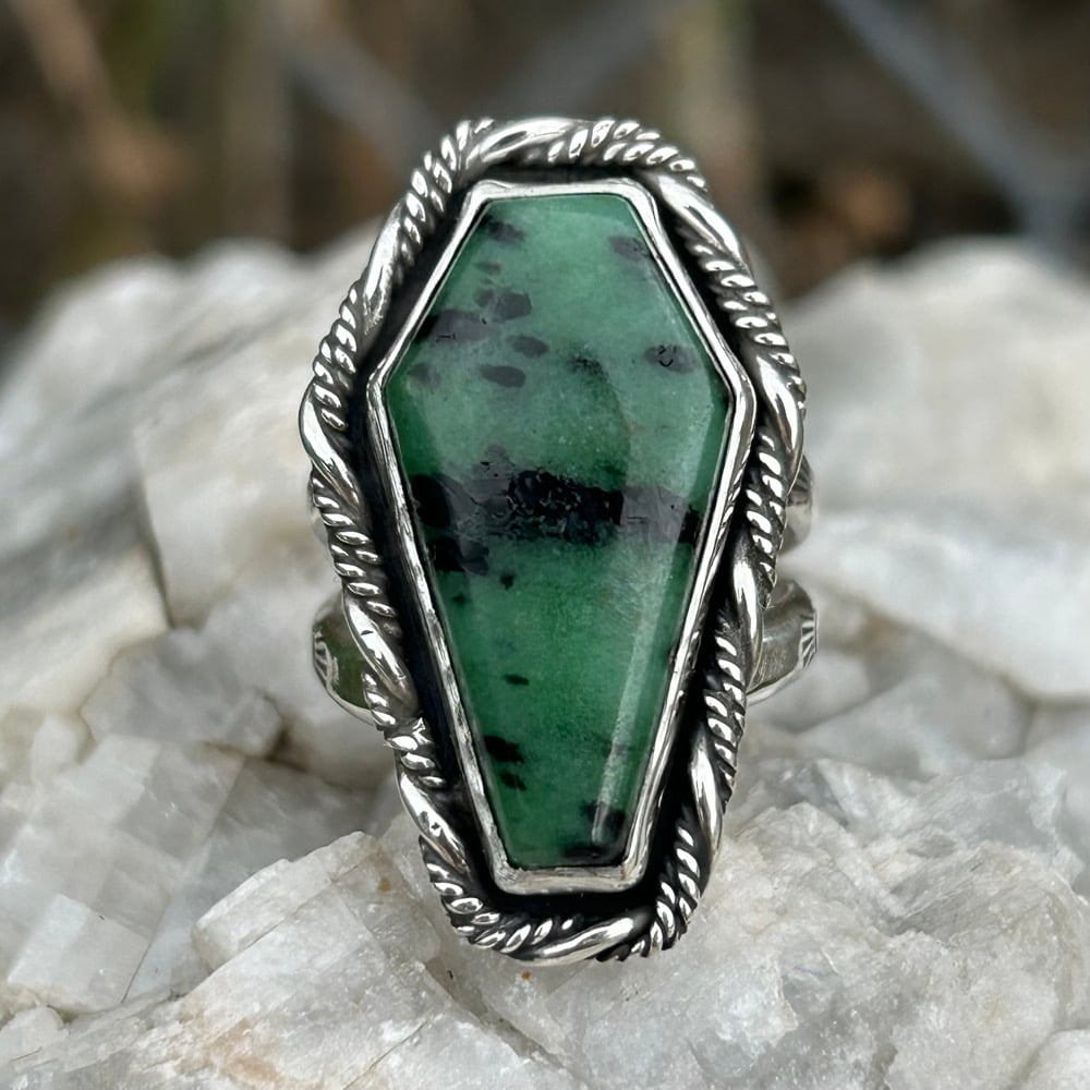 Image of Ruby Zoisite Handmade Sterling Coffin Ring