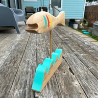 Image 4 of Midcentury Style Abstract Fish Sculpture in Pecan with Accent Colors. 